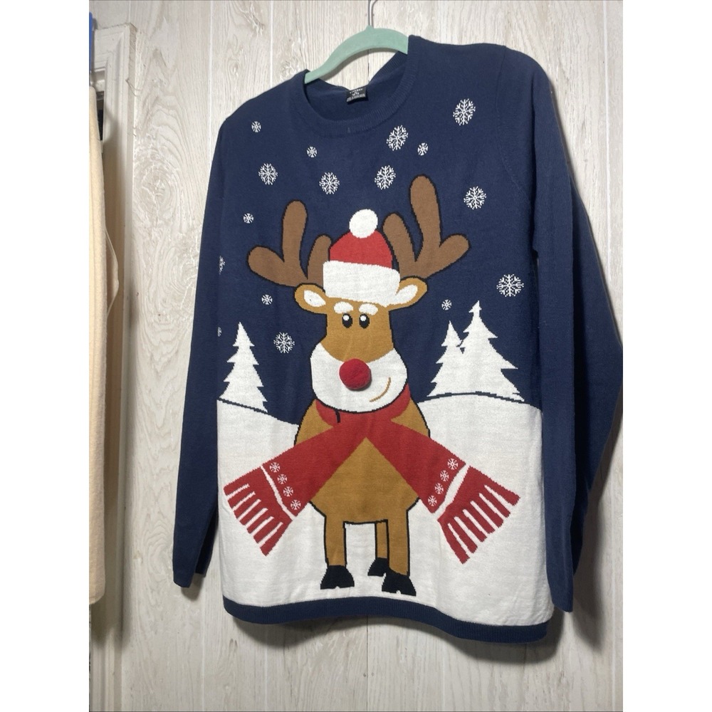 Livergy Men's L Navy Blue Crew Neck Knit Pullover Christmas Graphic Sweater
